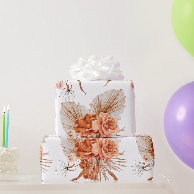 Papel De Presente Casamento Rústico Floral Laranja Queimado Boêmio (Presentes para festas)