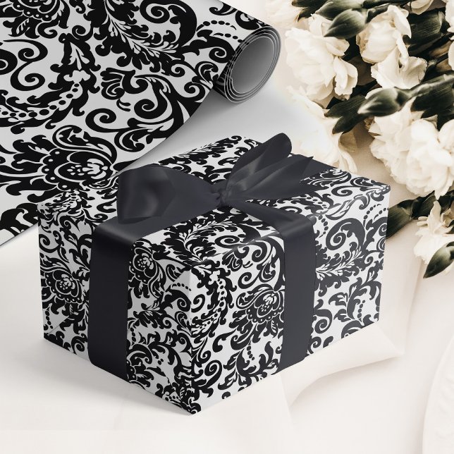 Papel De Presente Casamento tema damasco Floral Elegante Branco e Pr (elegant black and white floral damask wedding wrapping paper)
