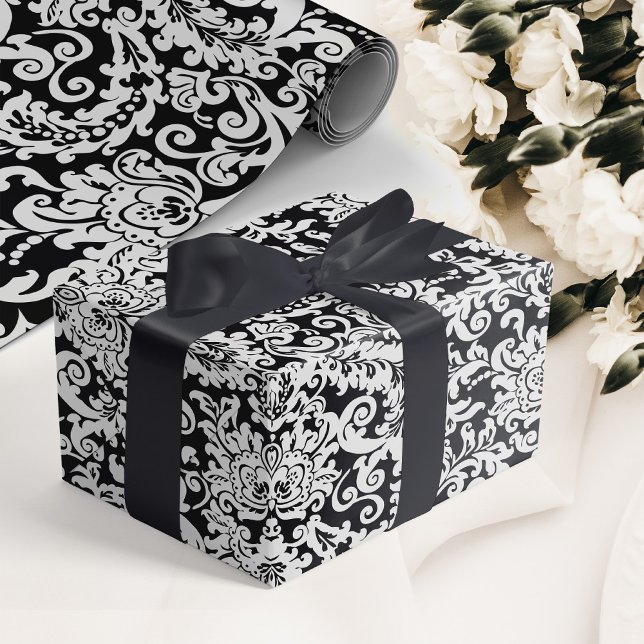 Papel De Presente Casamento tema damasco Floral Elegante Branco e Pr (elegant black and white floral damask wedding wrapping paper)