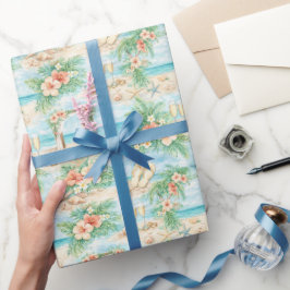 Papel De Presente Casamento Tropical Aquarela Hibisco Oceano Anéis