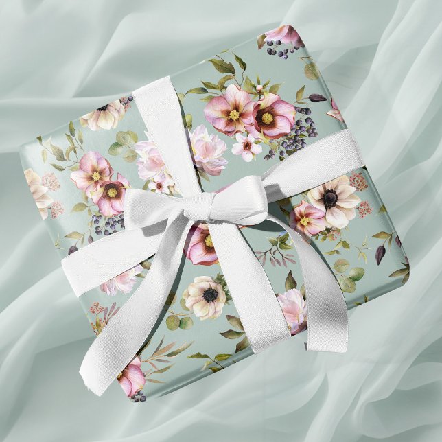Papel De Presente Casamento Verde de Peony Garden Sage (Peony Garden Sage Green Wedding Wrapping Paper)