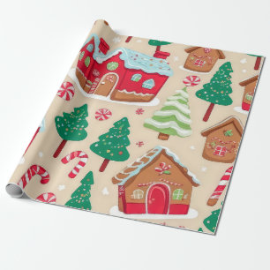 Papel De Presente Casas de Biscoito de Natal Coloridas Padrão de Árv