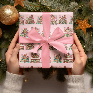 Papel De Presente Casas de Bolo de Gengibre Rosa Adoráveis em Pastel