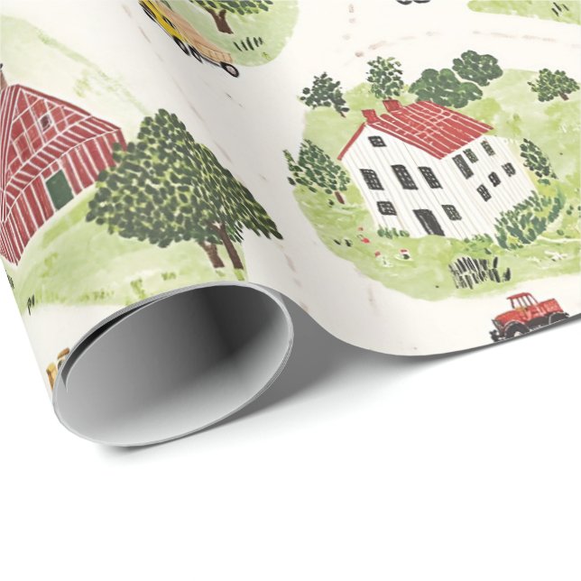 Papel De Presente Casas de fazenda celeiro e tratores. Pequena aldei (Ponta do rolo)