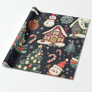Papel De Presente Casas de Inverno Escuras Homem de Neve Vermelho Do
