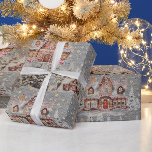 Papel De Presente Casas de Natal Decoradas na cor Cinza Aço com Neve