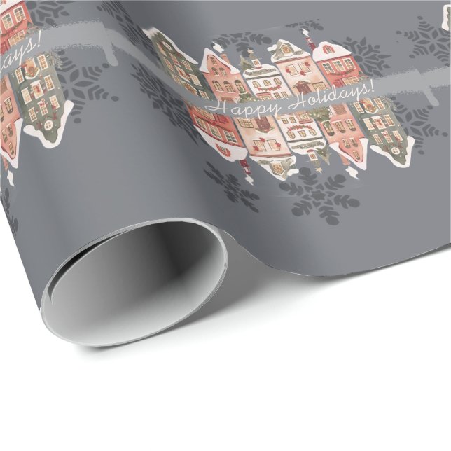 Papel De Presente Casas de Natal Neves Cinzas Flocos de Neve (Ponta do rolo)