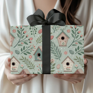 Papel De Presente Casas de Pássaros Pastel Vintage com Flores em Flo