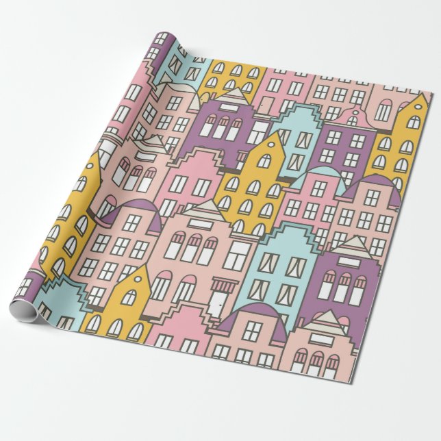 Papel De Presente Casas dos Países Baixos desenhadas à mão (Desenrolado)