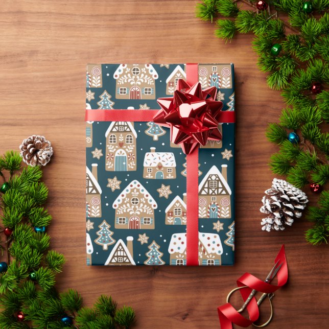 Papel De Presente Casas e Biscoitos de Gengibre Lindos Azul Natal  (Presente de Natal)