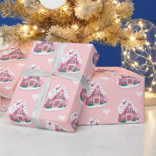 Papel De Presente Casas e Corações de Gengibre de Neve Cor-de-Rosa-F