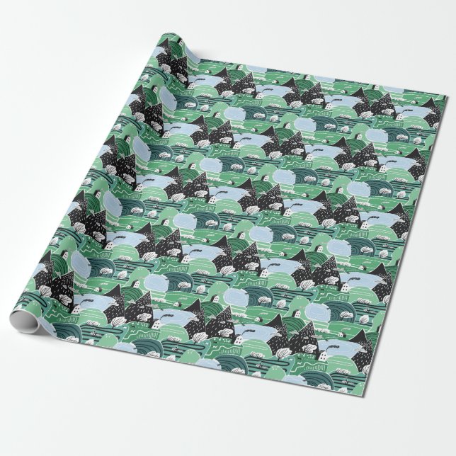 Papel De Presente Casas escandinavas, árvores, ilustração das montan (Desenrolado)