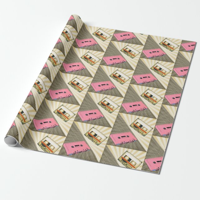 Papel De Presente Cassetes de Pop rosa + Ouro (Desenrolado)