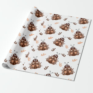 Papel De Presente Castanho e bege, Ladybug e padrão de flores