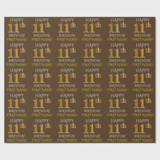 Papel De Presente Castanho, Faux Dourado "FELIZ 11 ANIVERSÁRIO" (Aberto)