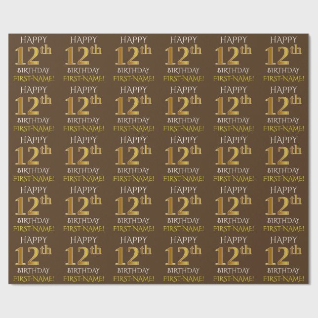 Papel De Presente Castanho, Faux Dourado "FELIZ 12 ANIVERSÁRIO" (Aberto)