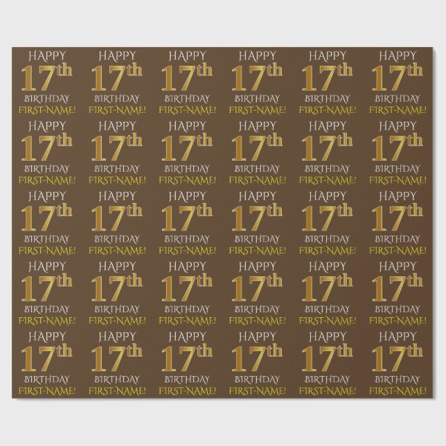 Papel De Presente Castanho, Faux Dourado "FELIZ 17º ANIVERSÁRIO" (Aberto)