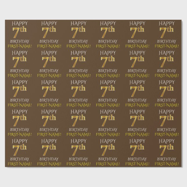 Papel De Presente Castanho, Faux Dourado "FELIZ 7 ANIVERSÁRIO" (Aberto)
