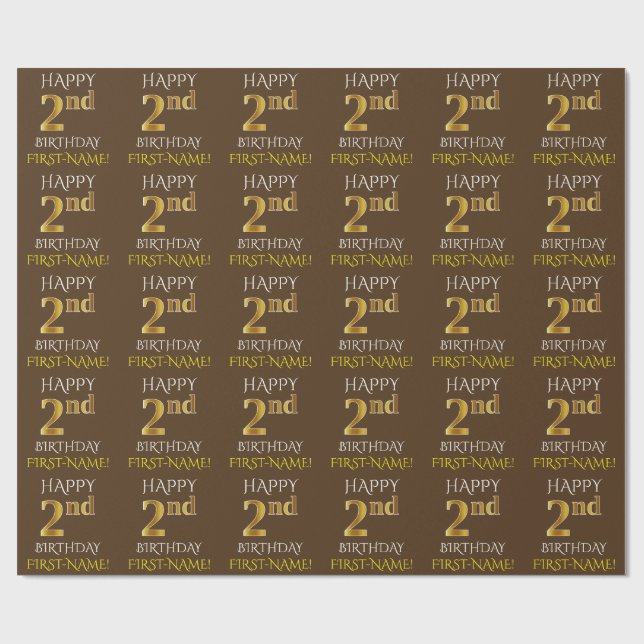 Papel De Presente Castanho, Faux Dourado "segundo aniversário FELIZ" (Aberto)