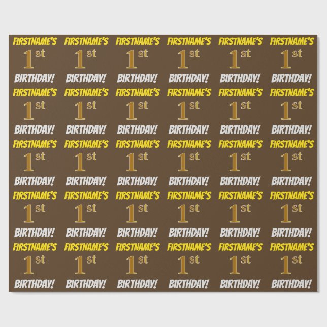 Papel De Presente Castanho, Faux/Imitação Dourada, "primeiro anivers (Aberto)