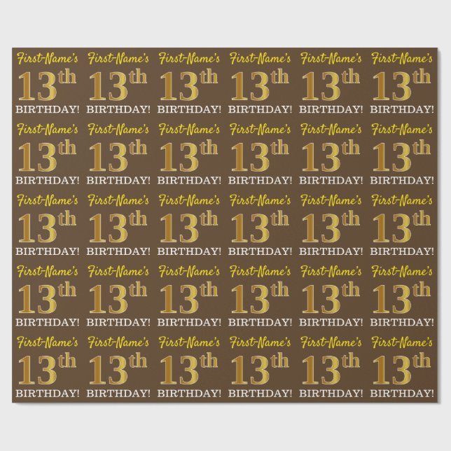 Papel De Presente Castanho, Imitação Dourada, "13 ANIVERSÁRIO" (Aberto)