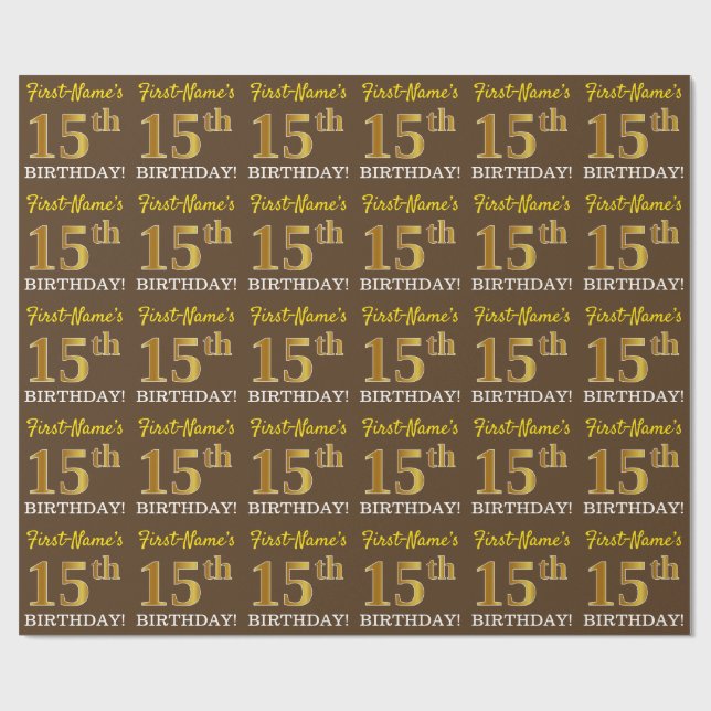 Papel De Presente Castanho, Imitação Dourada, "15 ANIVERSÁRIO" (Aberto)