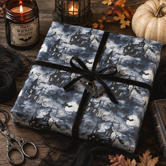 Papel De Presente Castelo Assombrado Lua & Morcegos Halloween Gótico (Criador carregado)