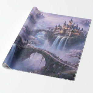 Papel De Presente Castelo de Fantasia Paisagem Surrealista Azul Lava