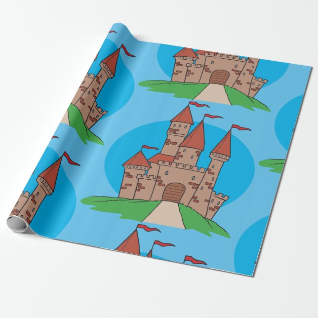 Papel De Presente Castelo Medieval na Colina com Bandeiras Vermelhas (Desenrolado)