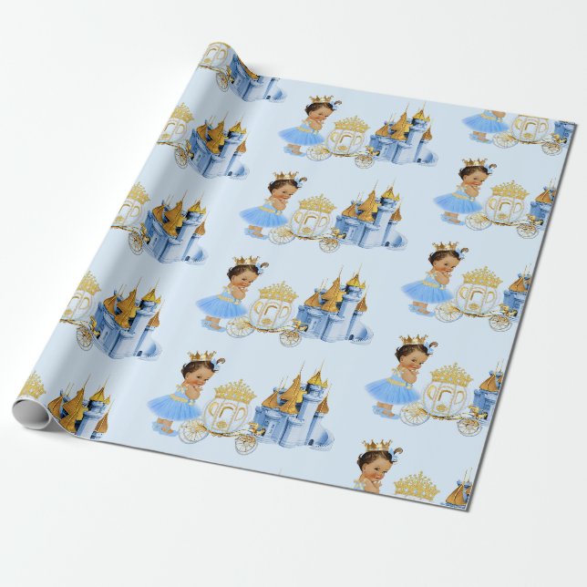 Papel De Presente Castelo Real da Princesa Carruagem Azul Dourado Me (Desenrolado)