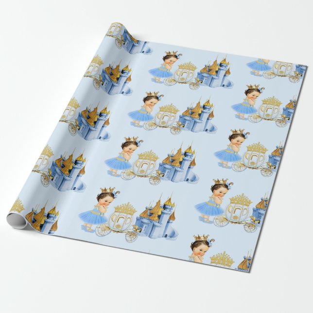 Papel De Presente Castelo Real Princesa Carruagem Azul Dourado Menin (Desenrolado)