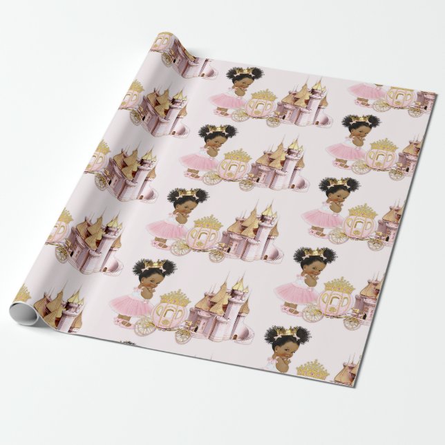 Papel De Presente Castelo Real Princesa Carruagem Rosa Dourado Menin (Desenrolado)