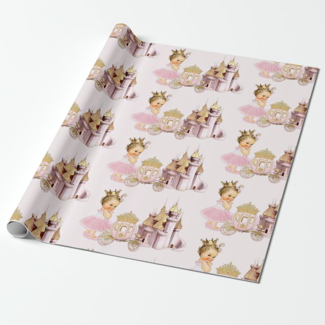 Papel De Presente Castelo Real Princesa Carruagem Rosa Dourado Menin (Desenrolado)