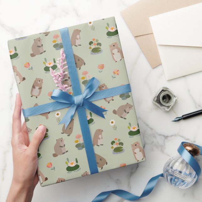 Papel De Presente Castores & Folhas de Nenúfar em Gin Green (Presentear)