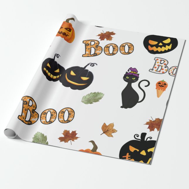 Papel De Presente Cat Boo Halloween (Desenrolado)