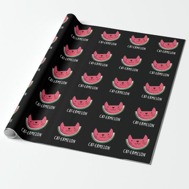 Papel De Presente Cat-ermelon Funny Cat Watermelon Pun Dark BG (Desenrolado)