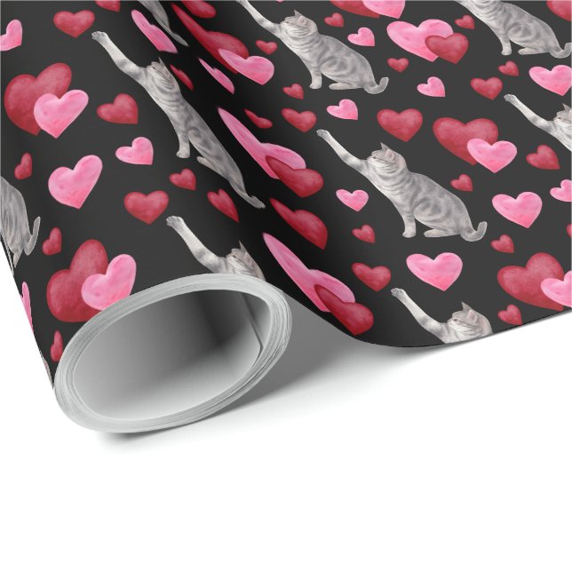 Papel De Presente Cat Hearts Valentine Gift Wrapping Paper - Black (Ponta do rolo)