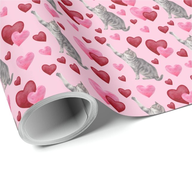 Papel De Presente Cat Hearts Valentine Gift Wrapping Paper - Pink (Ponta do rolo)
