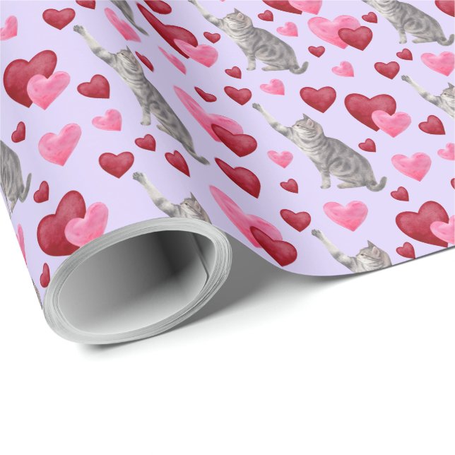 Papel De Presente Cat Hearts Valentine Gift Wrapping Paper - Purple (Ponta do rolo)