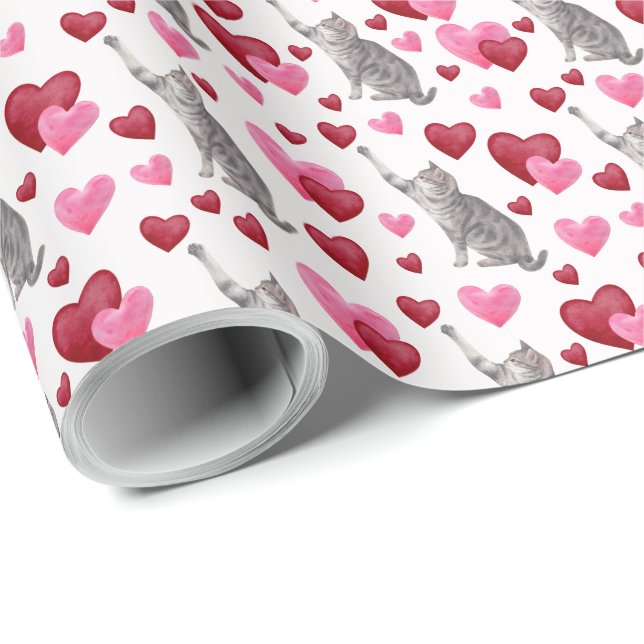 Papel De Presente Cat Hearts Valentine Gift Wrapping Paper - White (Ponta do rolo)