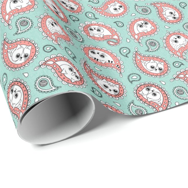 Papel De Presente Cat Paisley - Coral e Mint (Ponta do rolo)