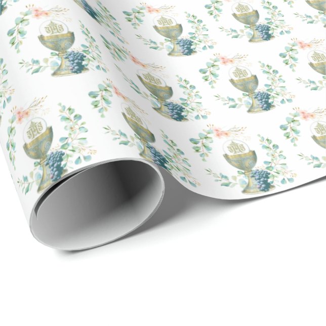 Papel De Presente Católico Elegante Eucalyptus da Primeira Comunhão (Ponta do rolo)