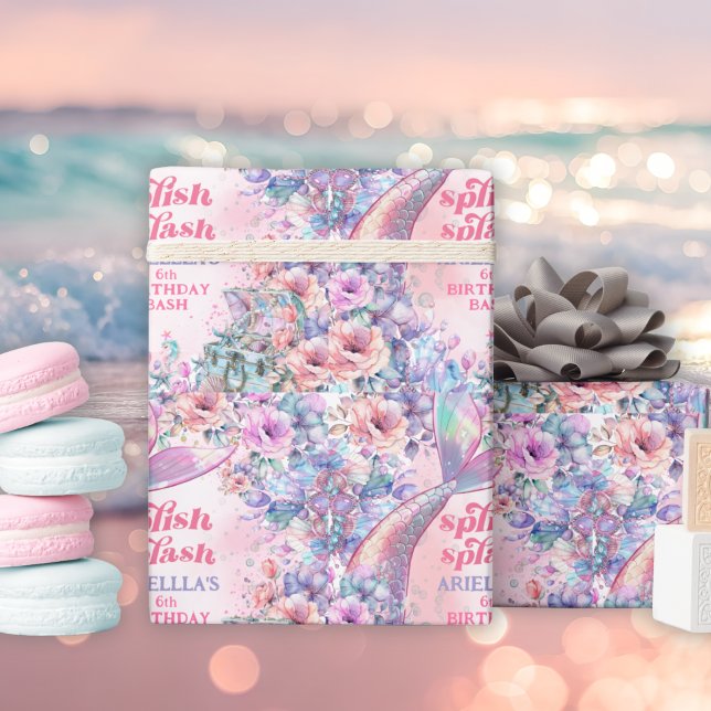 Papel De Presente Cauda de Sereia Brilho de Flor 6º Aniversário (Criador carregado)