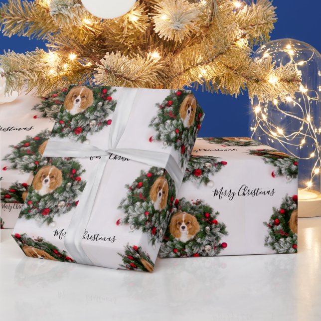 Papel De Presente Cavalier King Charles Spaniel Christmas Wreath (Feriados)