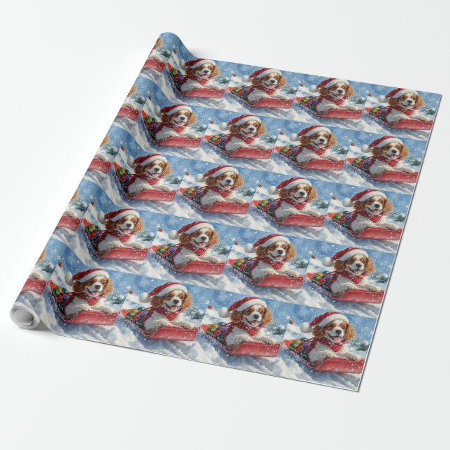 Papel De Presente Cavalier King Charles Spaniel Dog Sledge Natal (Desenrolado)