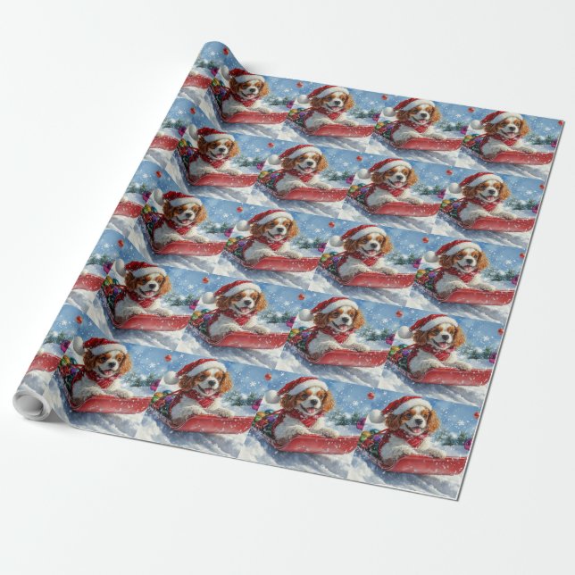 Papel De Presente Cavalier King Charles Spaniel Trenó de Natal (Desenrolado)