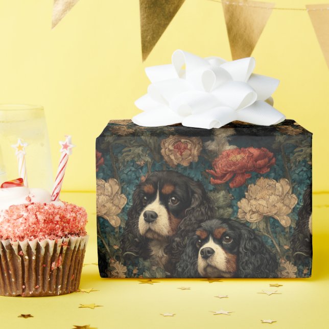 Papel De Presente Cavalier King Charles Spaniels Floral Vitoriana (Festa de aniversário)