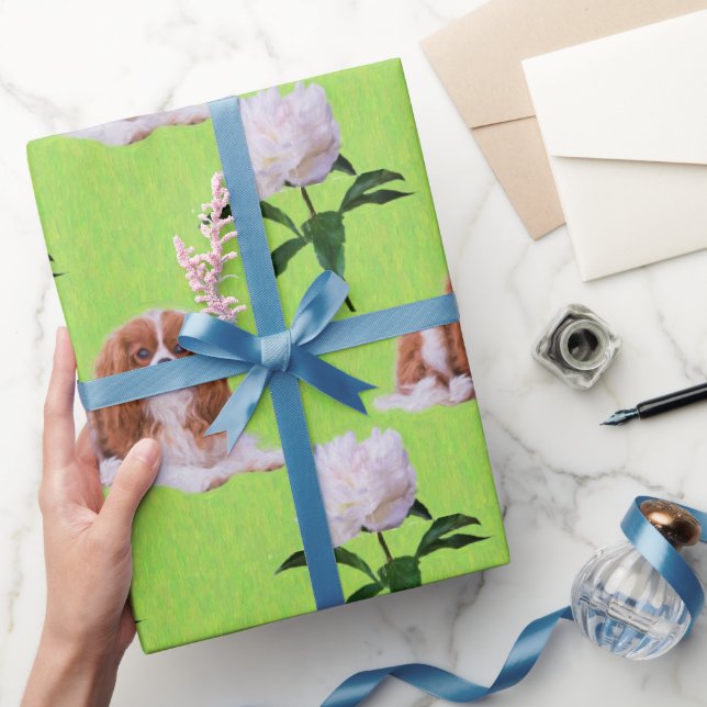 Papel De Presente Cavalier King Charles & White Peony WrapPaper (Presentear)
