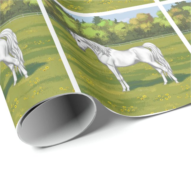 Papel De Presente Cavalo Árabe Egípcio Branco na Pastura de Verão (Ponta do rolo)