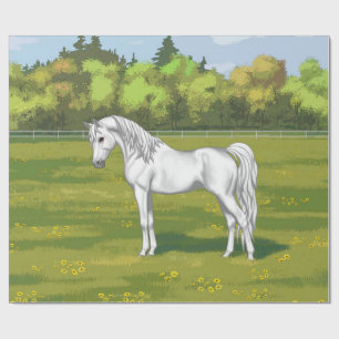 Papel De Presente Cavalo Árabe Egípcio Branco na Pastura de Verão